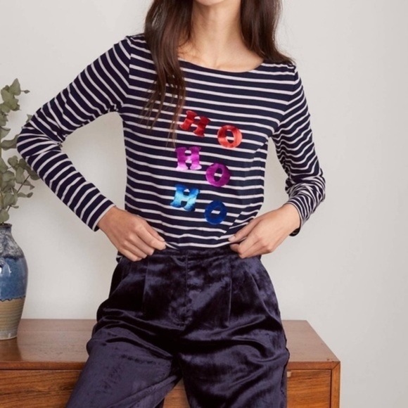 Boden Christmas Breton Stripe Ho Ho Ho Slogan Jersey Top Navy/White Plus Size 12 - Picture 1 of 9